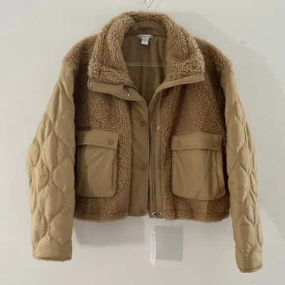 Athleta Fleece Hybrid Jacket Women's Large Tan Neutral Bomber Sherpa Quilted NEW - Picture 3 of 14